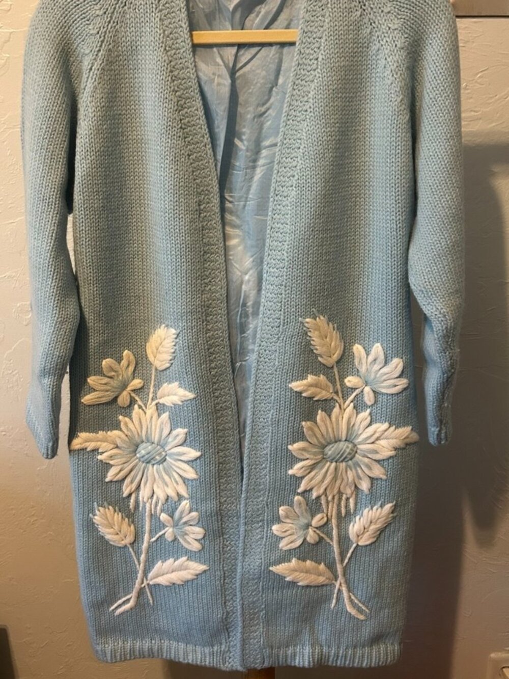 Vintage 1960's Wool Baby Blue Sweater with Floral Design Made in Hong Kong